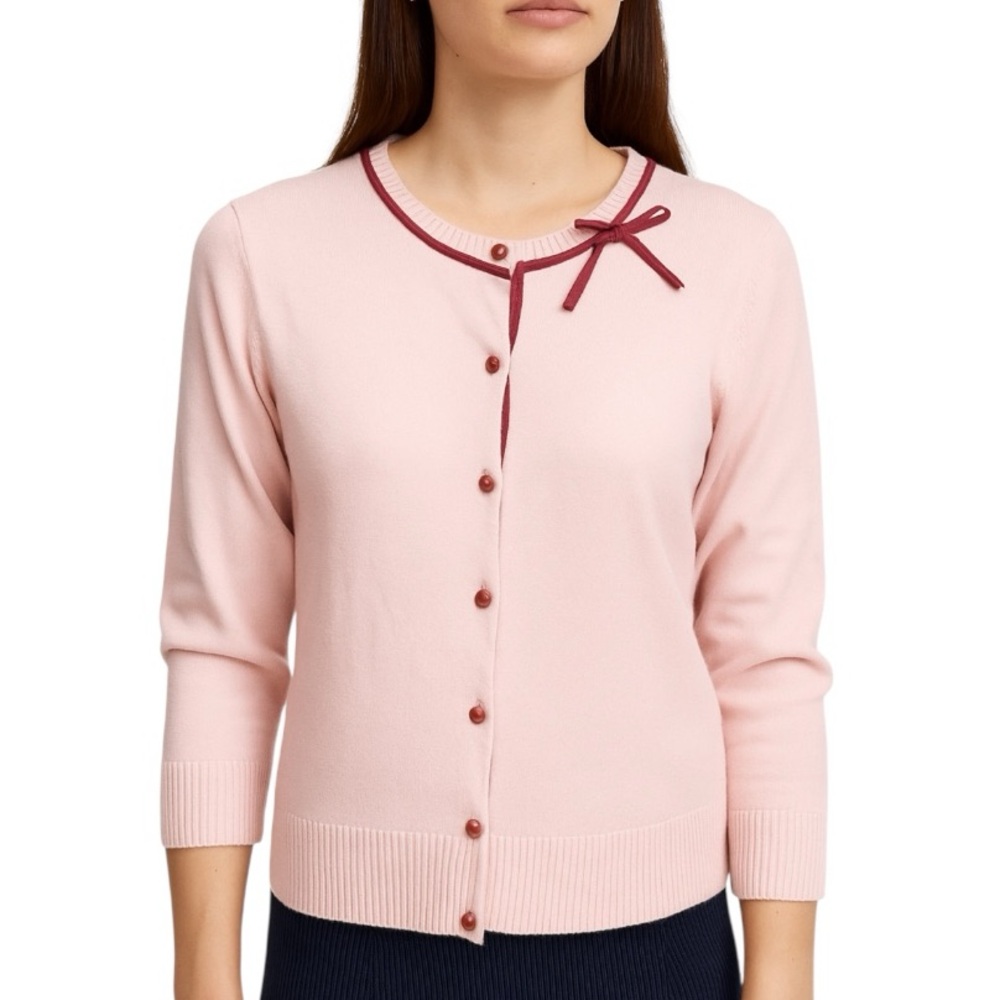Christopher & Banks M Bow Accent Cardigan Sweater Pink Coquette Preppy Valentine